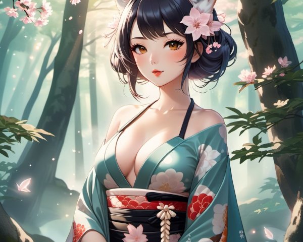 Character in Enchanted Forest with Floral Kimono