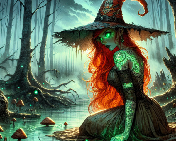 Witch by Murky Pond in Enchanted Forest Setting