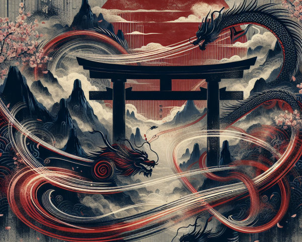 Dragons and Torii Gate in Misty Mountain Scene