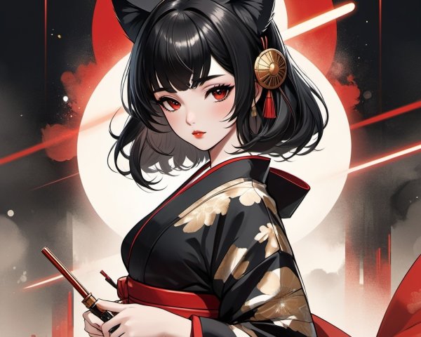 Character in Black Kimono with Cat Ears and Red Sun