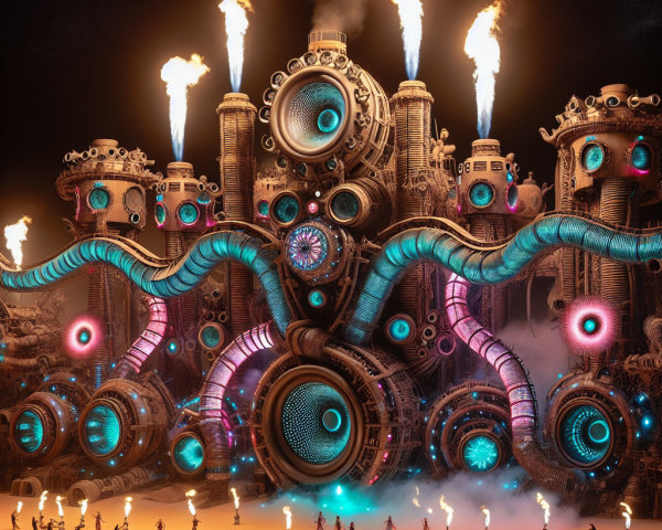 Steampunk-Inspired Colossal Structure with Vibrant Flames