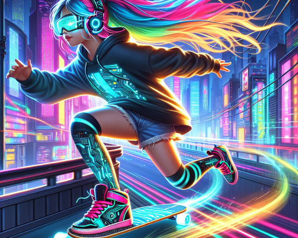 Futuristic Scene of Girl Skating in Cyberpunk City