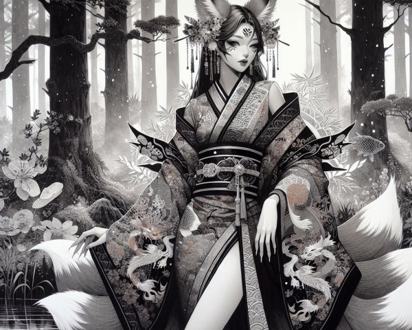 Monochromatic Artwork of Fox Spirit in Kimono