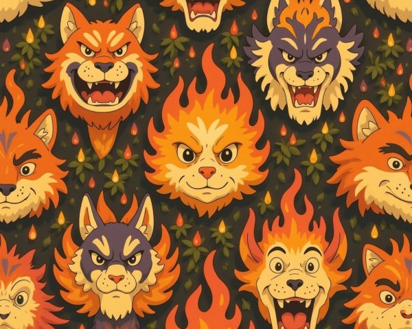 Cartoon Animal Heads with Fiery and Playful Patterns