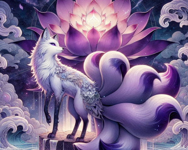 Majestic fox on rock with glowing lotus flower backdrop
