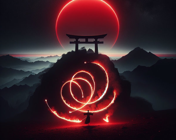 Fire Dance at Sunset on Rugged Mountain Landscape