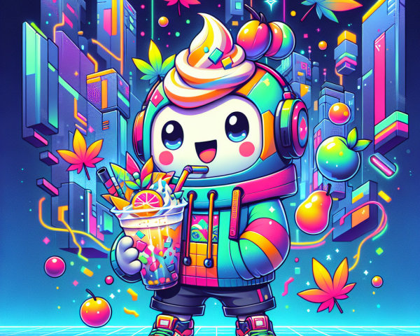 Cartoon Character in Neon Futuristic Cityscape