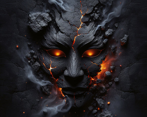 Dramatic Face Carved from Dark Volcanic Rock with Glow