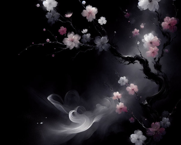 Abstract Cherry Blossom Branches on Dark Background