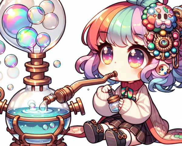 Colorful Character Blowing Bubbles in Whimsical Scene