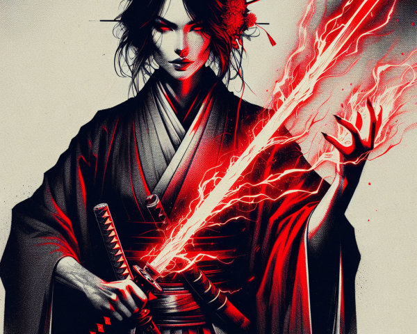 Fierce warrior with glowing katana and dynamic energy