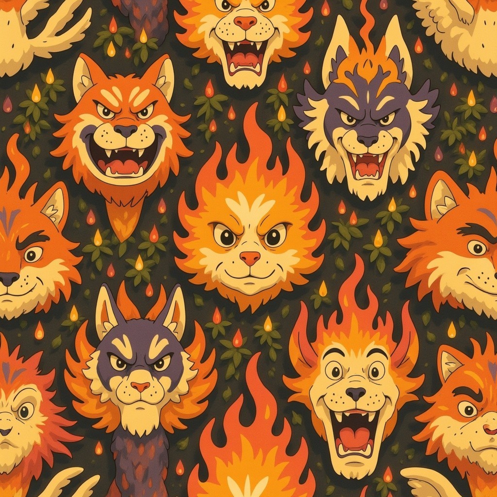 Cartoon Animal Heads with Fiery and Playful Patterns