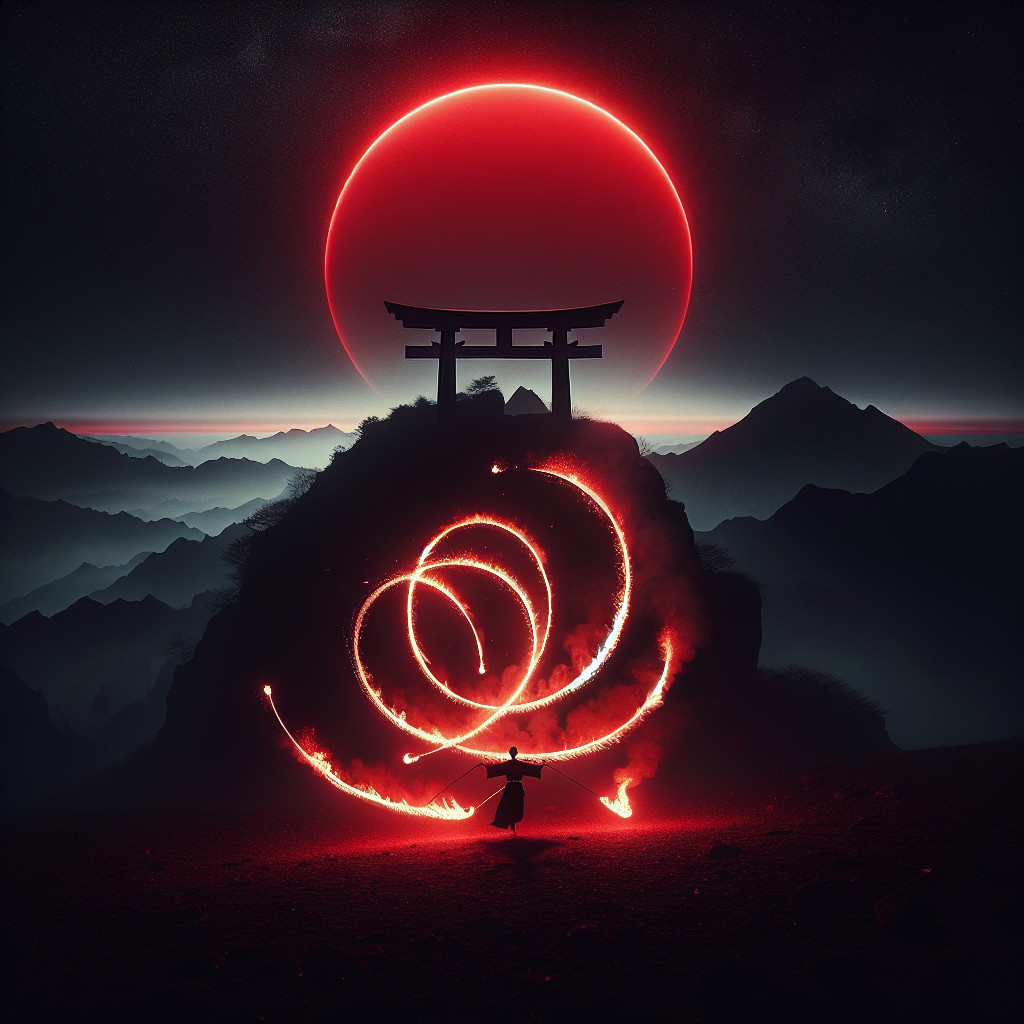 Fire Dance at Sunset on Rugged Mountain Landscape
