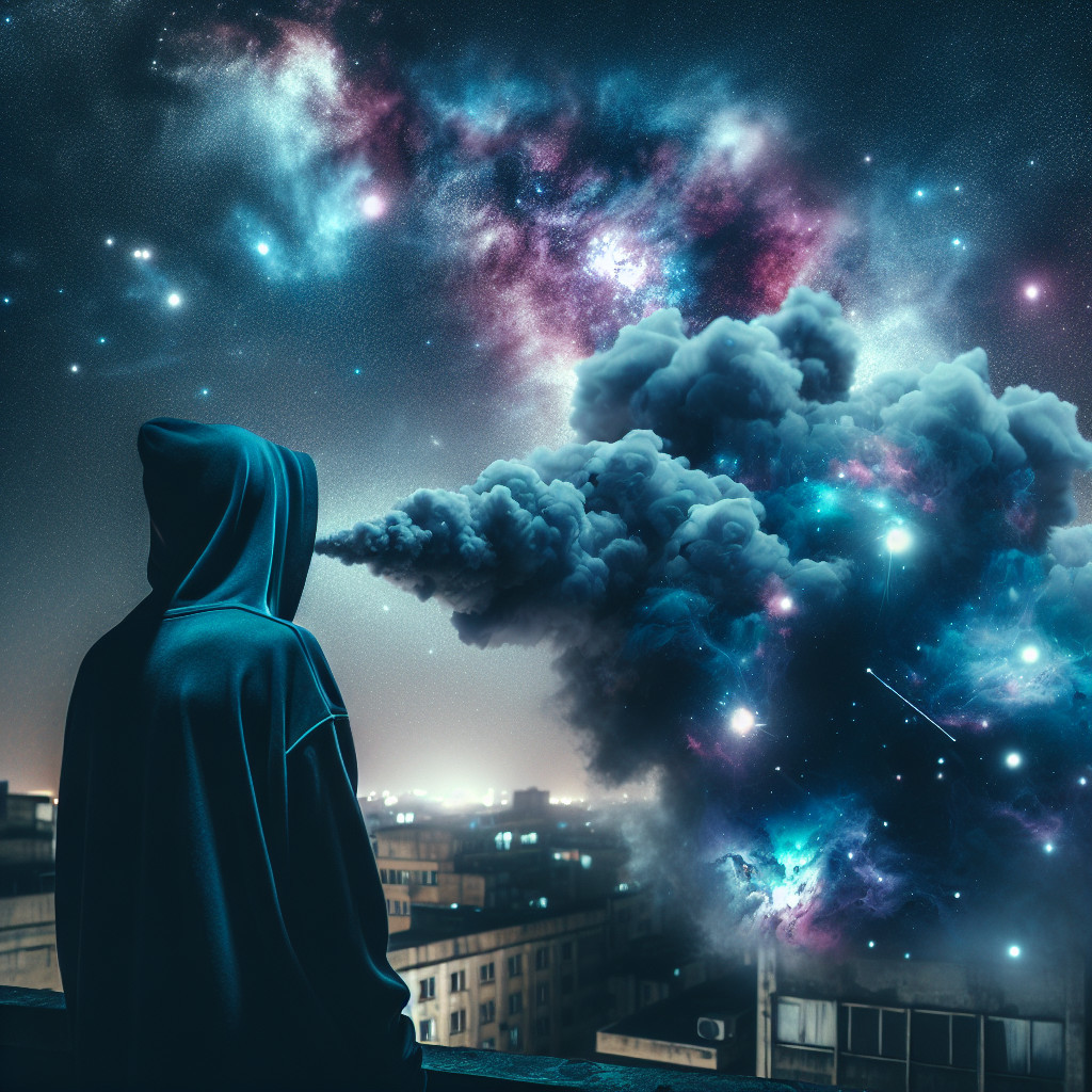 Hooded Figure on Rooftop Gazing at Cosmic Galaxy