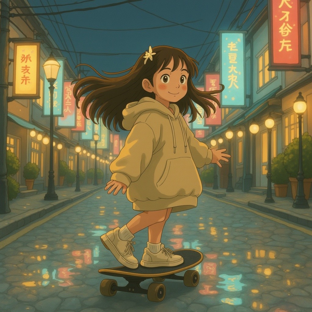 Cheerful girl skateboarding on a cobblestone street at dusk