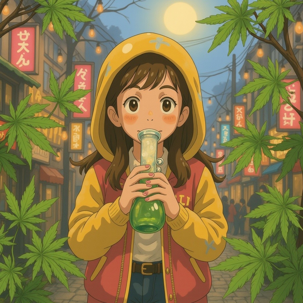 Young girl in yellow hoodie on vibrant street scene