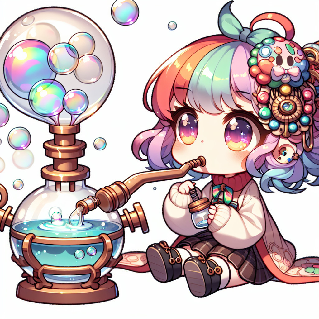Colorful Character Blowing Bubbles in Whimsical Scene