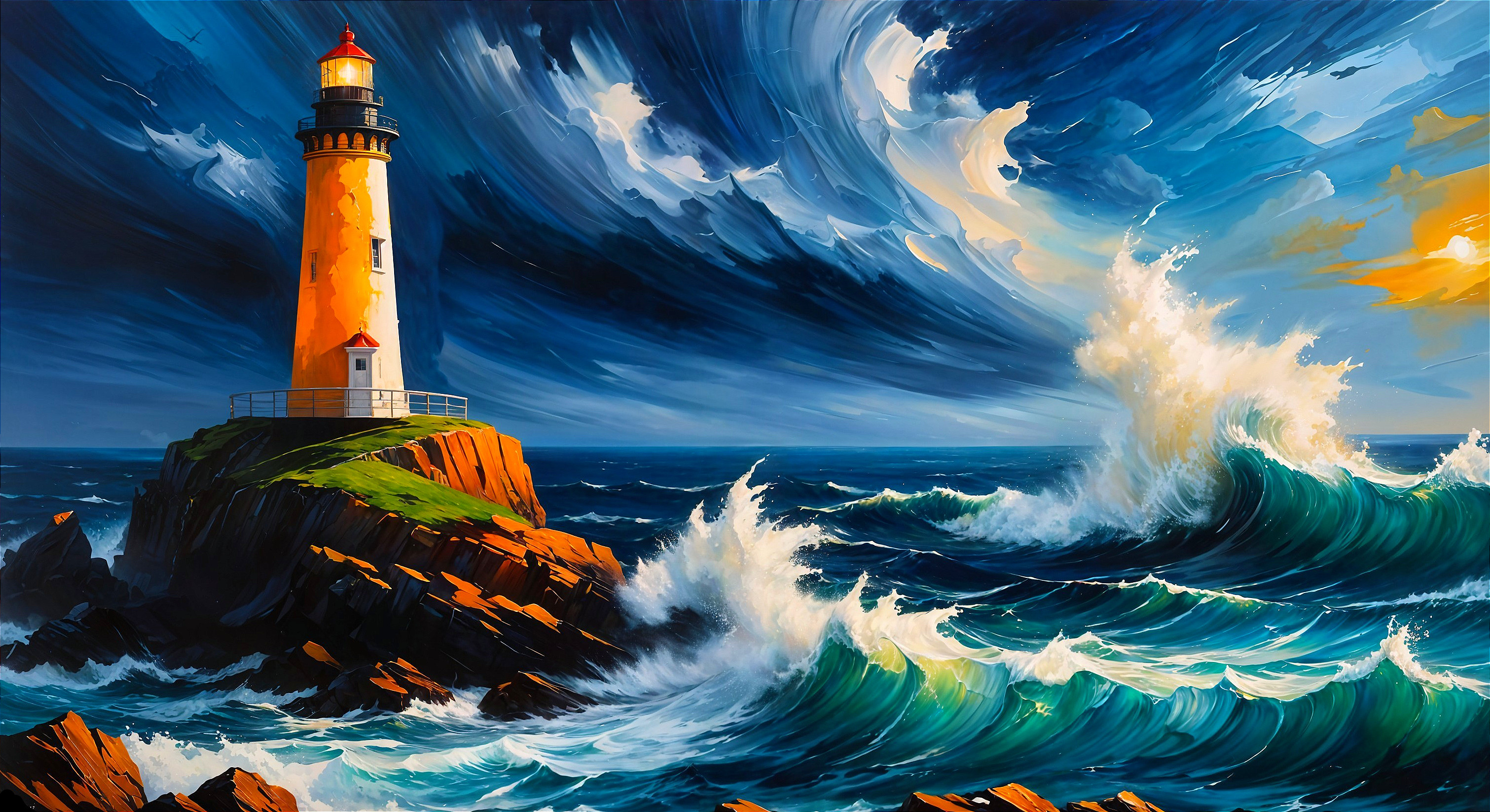 Vibrant Lighthouse on Rugged Cliff in Dramatic Seascape
