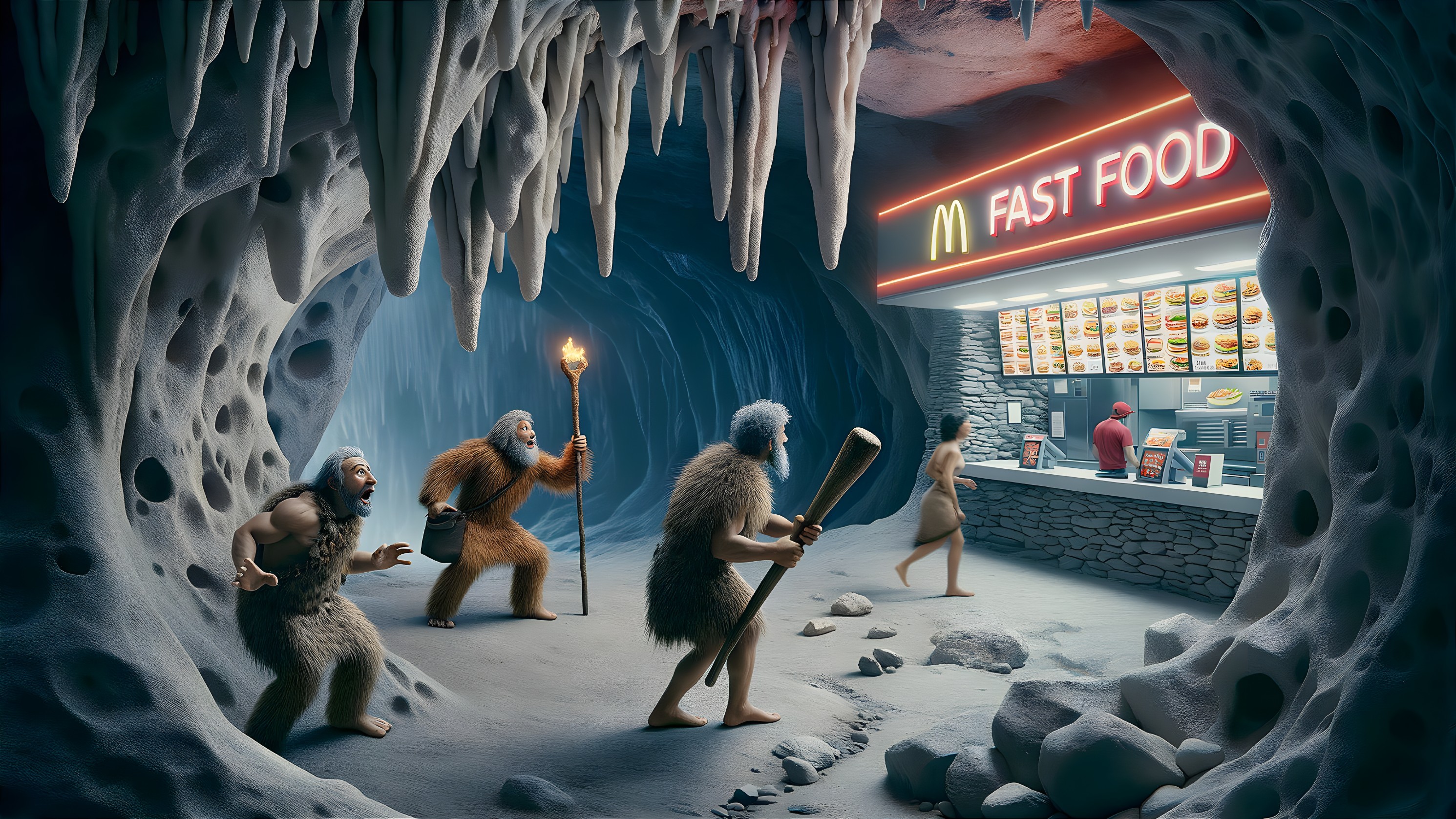 Prehistoric Figures at a Modern Fast Food Counter