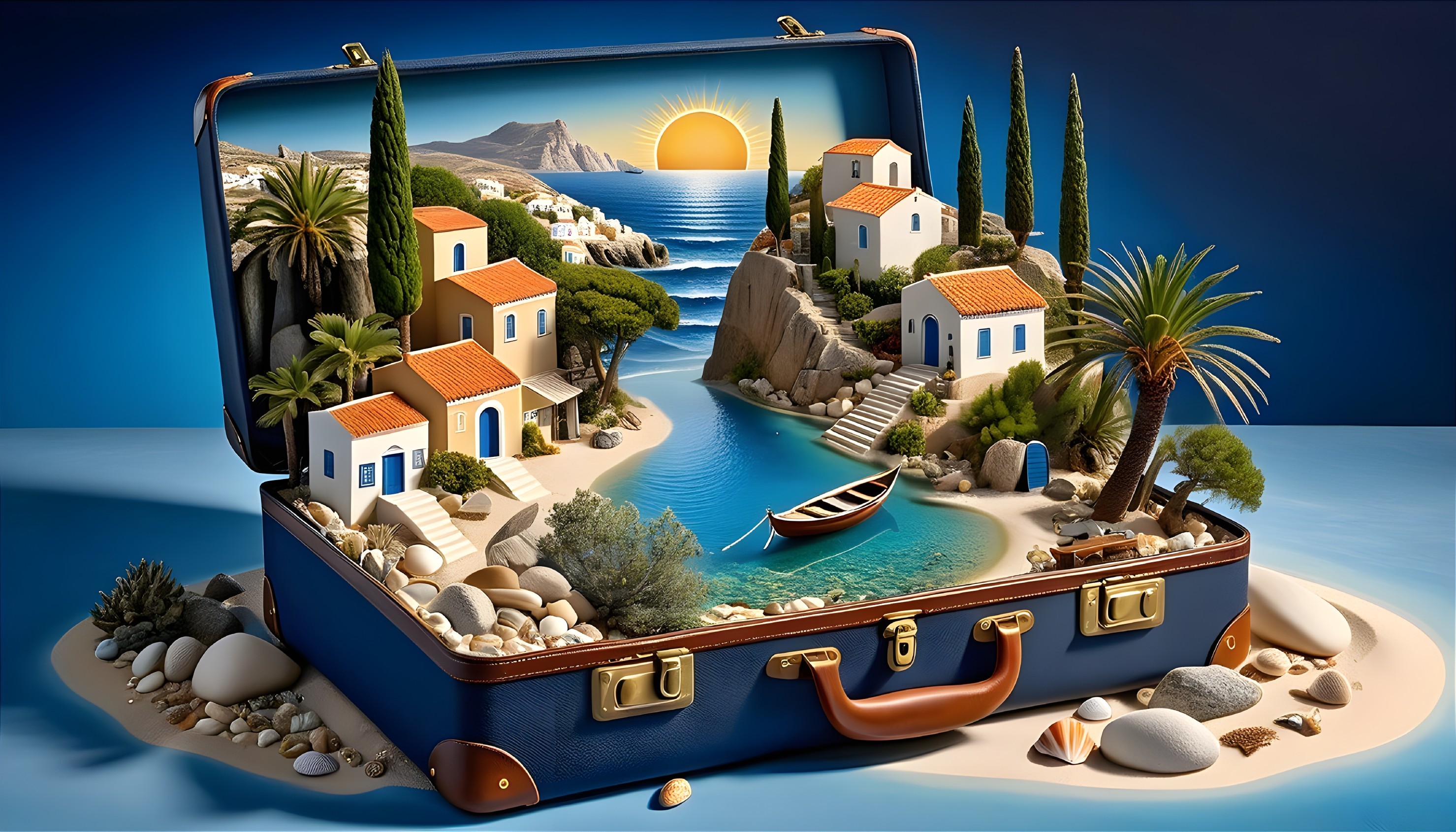 Seaside Landscape in an Open Suitcase Display