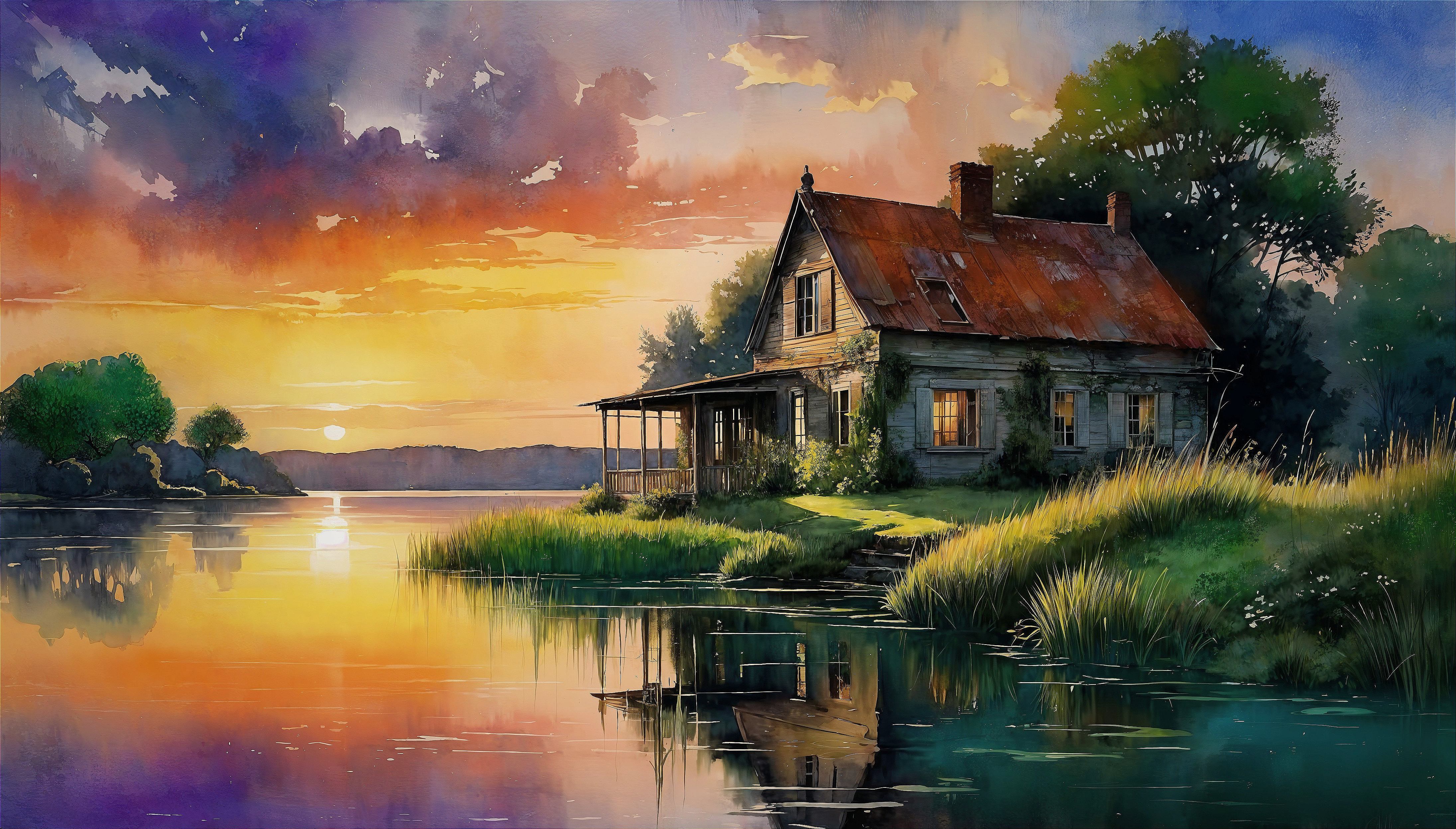 Serene Sunset Over Rustic House by Tranquil Lake