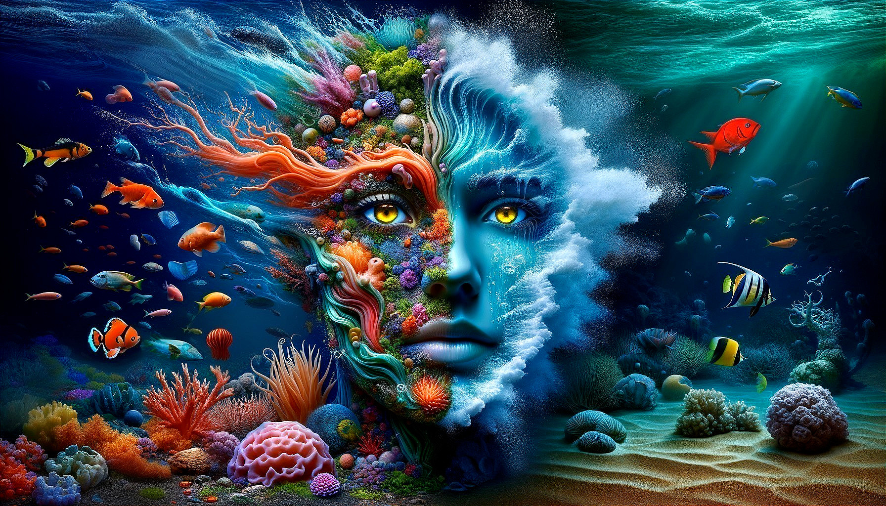 Vibrant Underwater Scene Merging Humanity and Nature