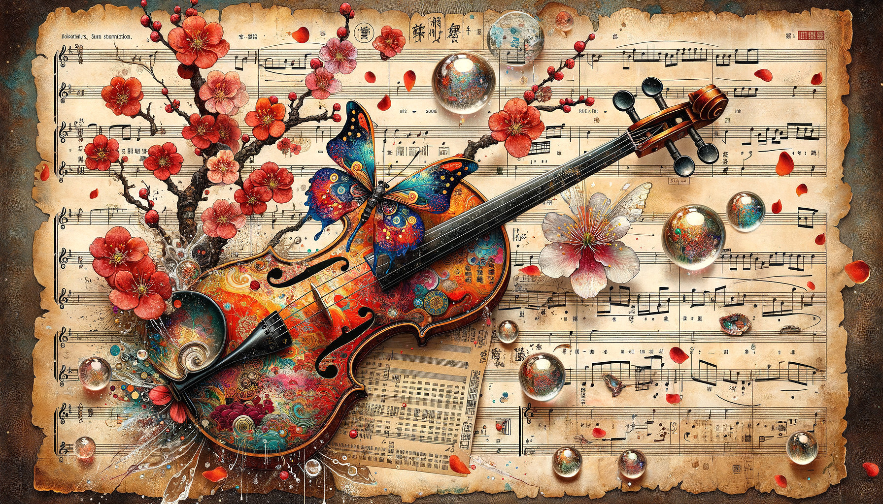 Vibrant Violin Surrounded by Cherry Blossoms and Butterflies