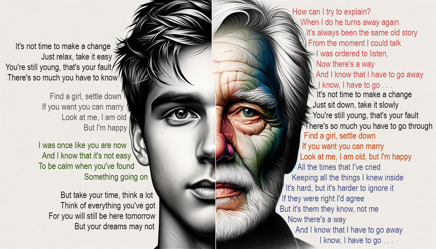 Split Face Illustrating Generational Differences and Emotions