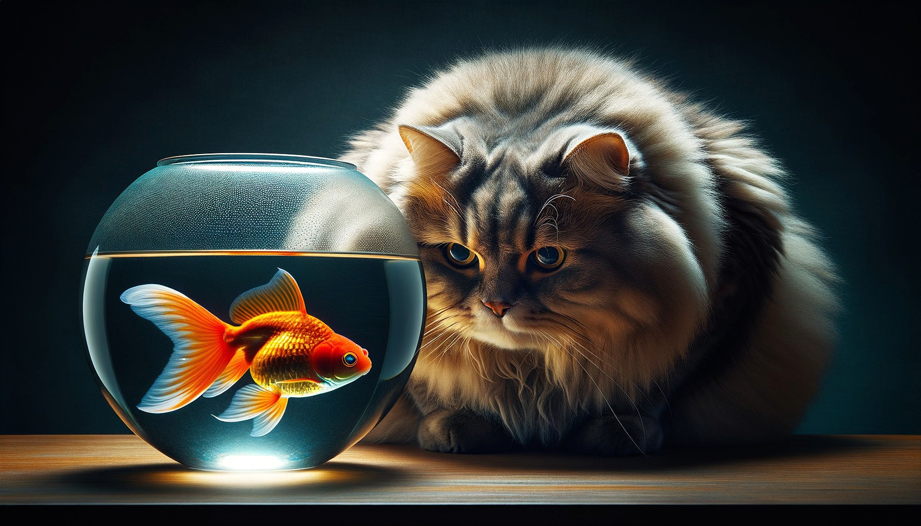 Curious Cat Observing Goldfish in Clear Bowl