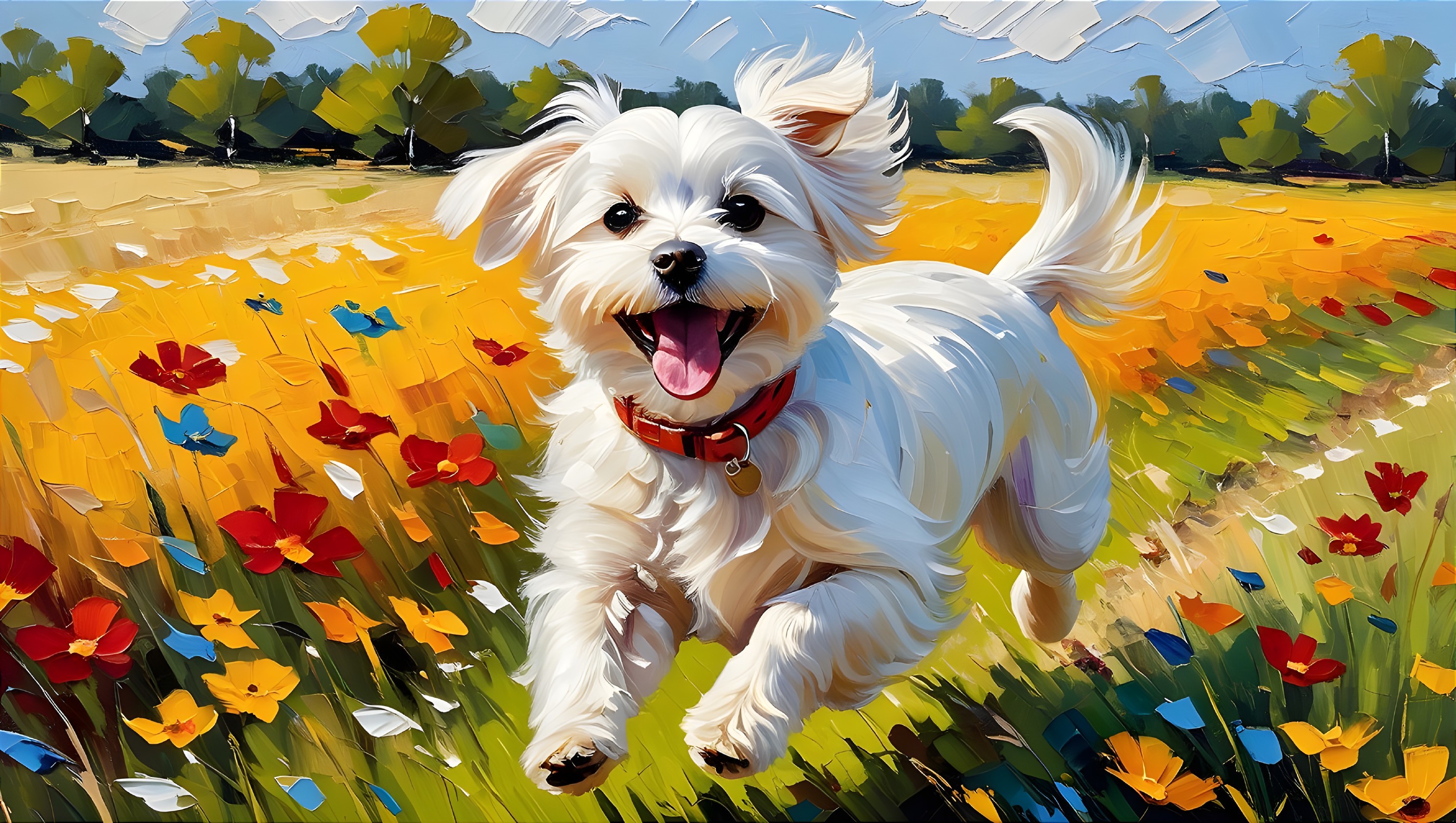 Playful White Dog in Vibrant Flower Field