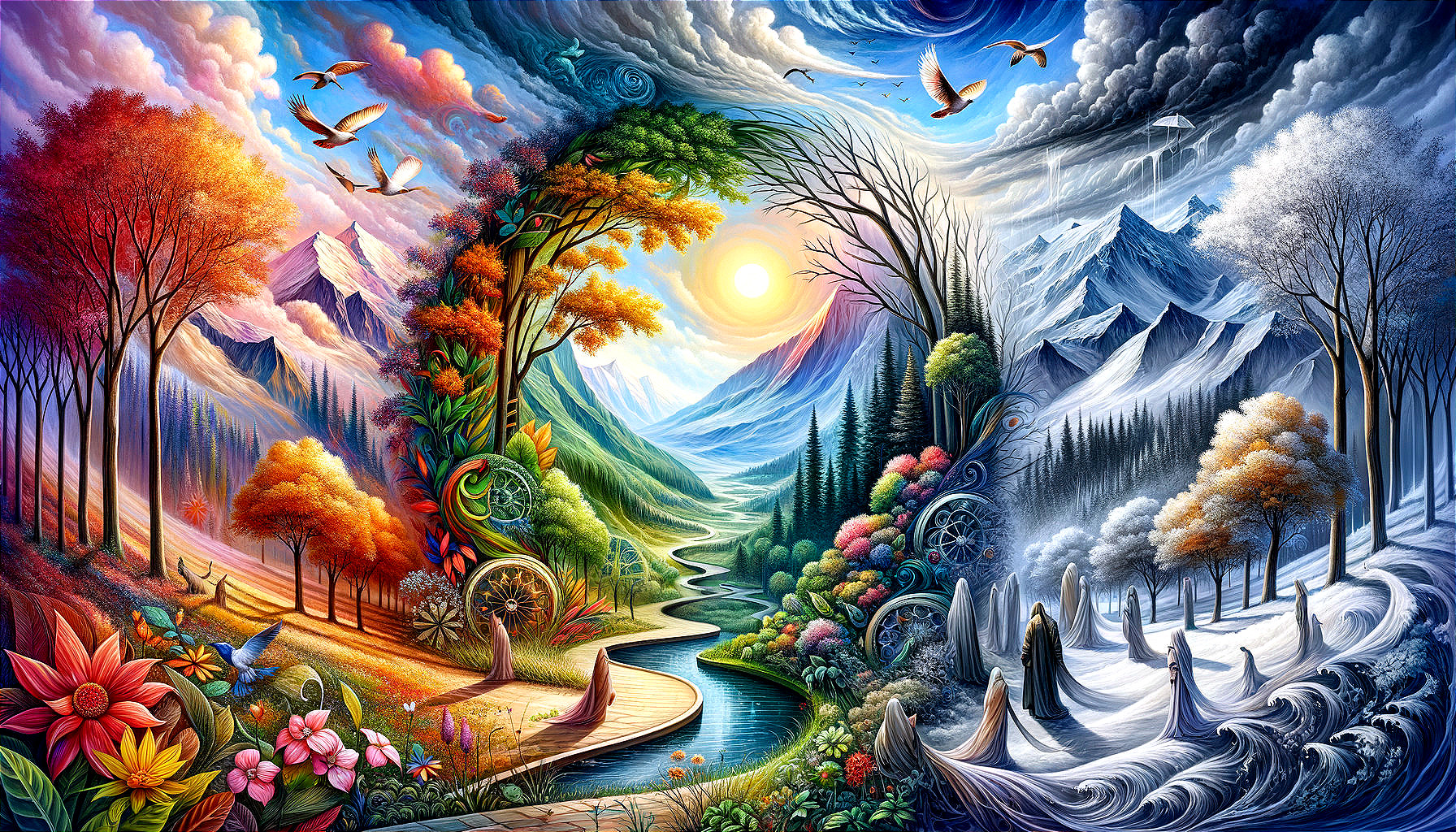 Vibrant Landscape Illustrating Four Seasons Transition