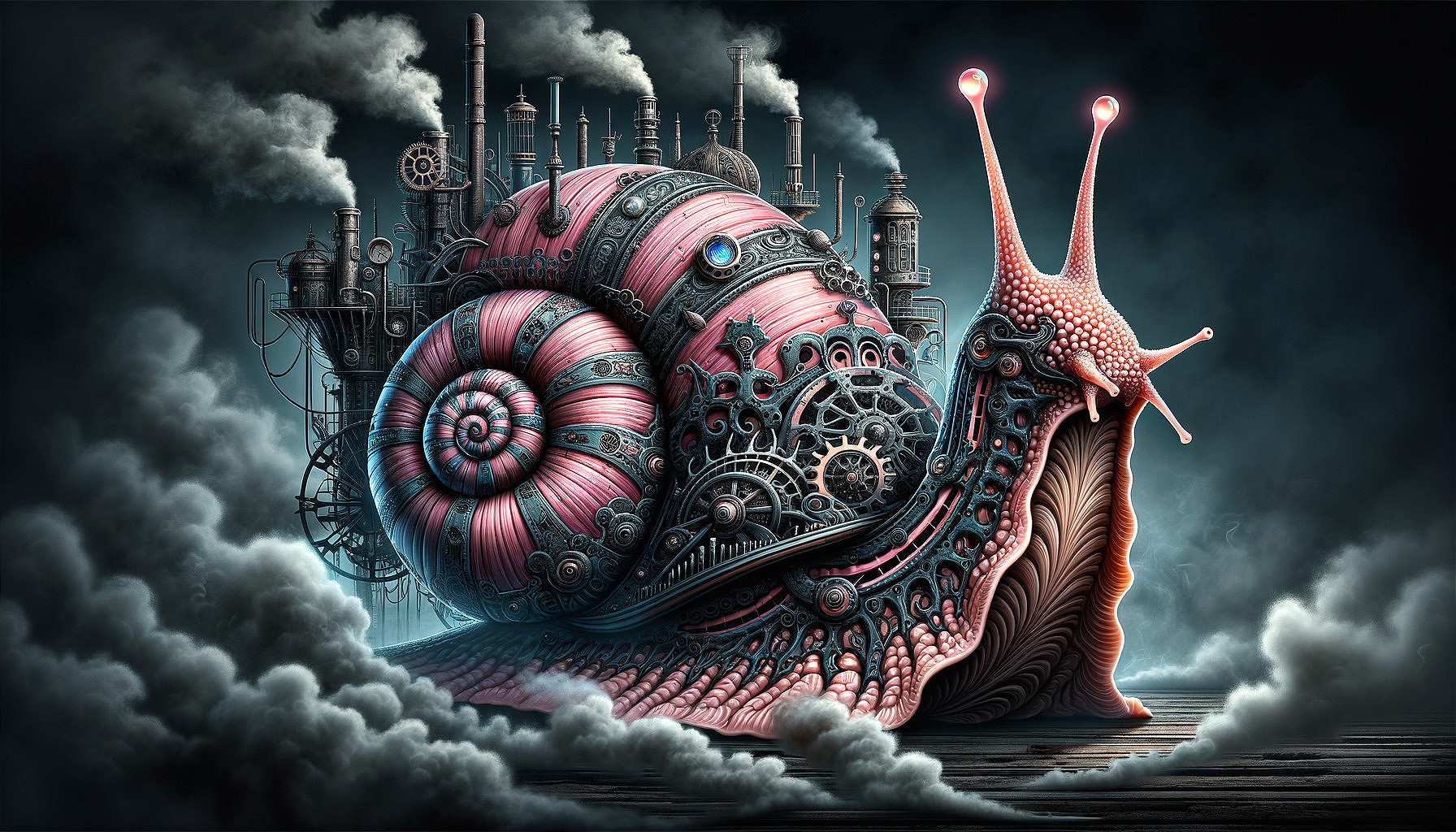 Steampunk Snail with Gears Against Industrial Backdrop
