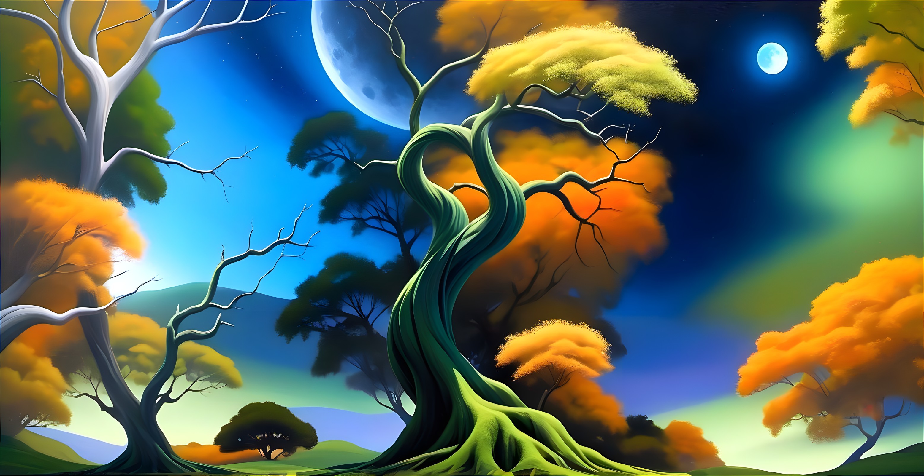 Surreal landscape with twisted trees, bright moon, colorful clouds, and aurora lights