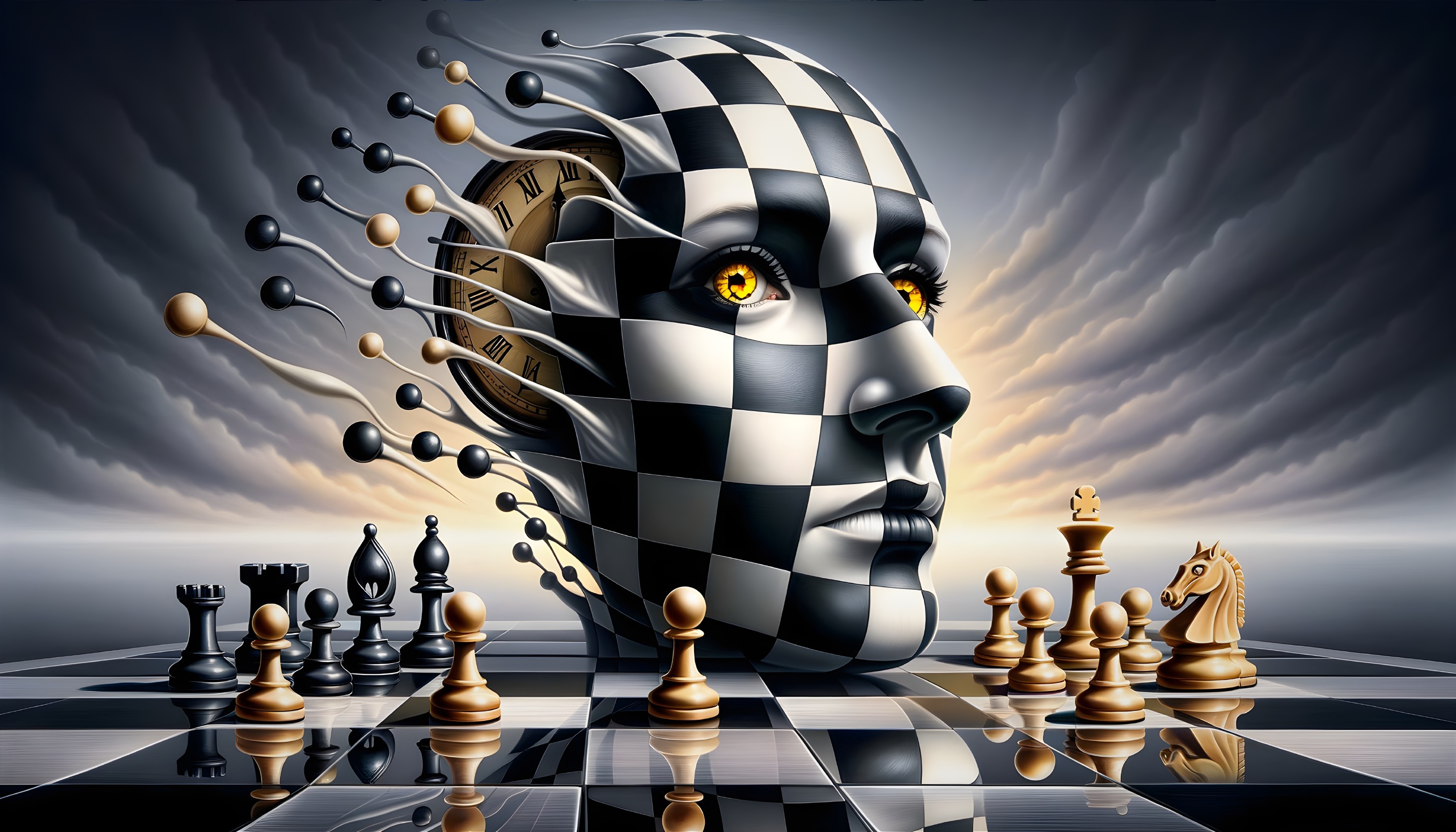 Surreal Chess Scene with Checkered Head and Clock