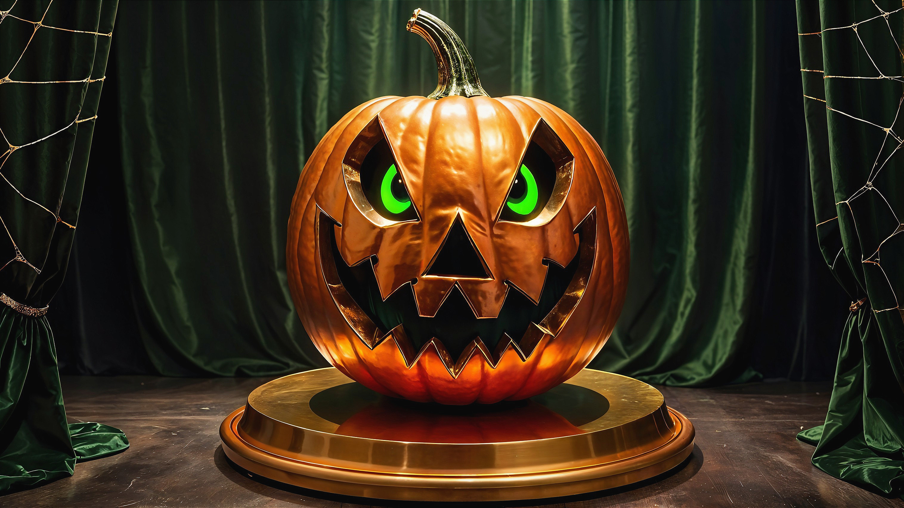 Glowing Pumpkin on Pedestal with Halloween Decor