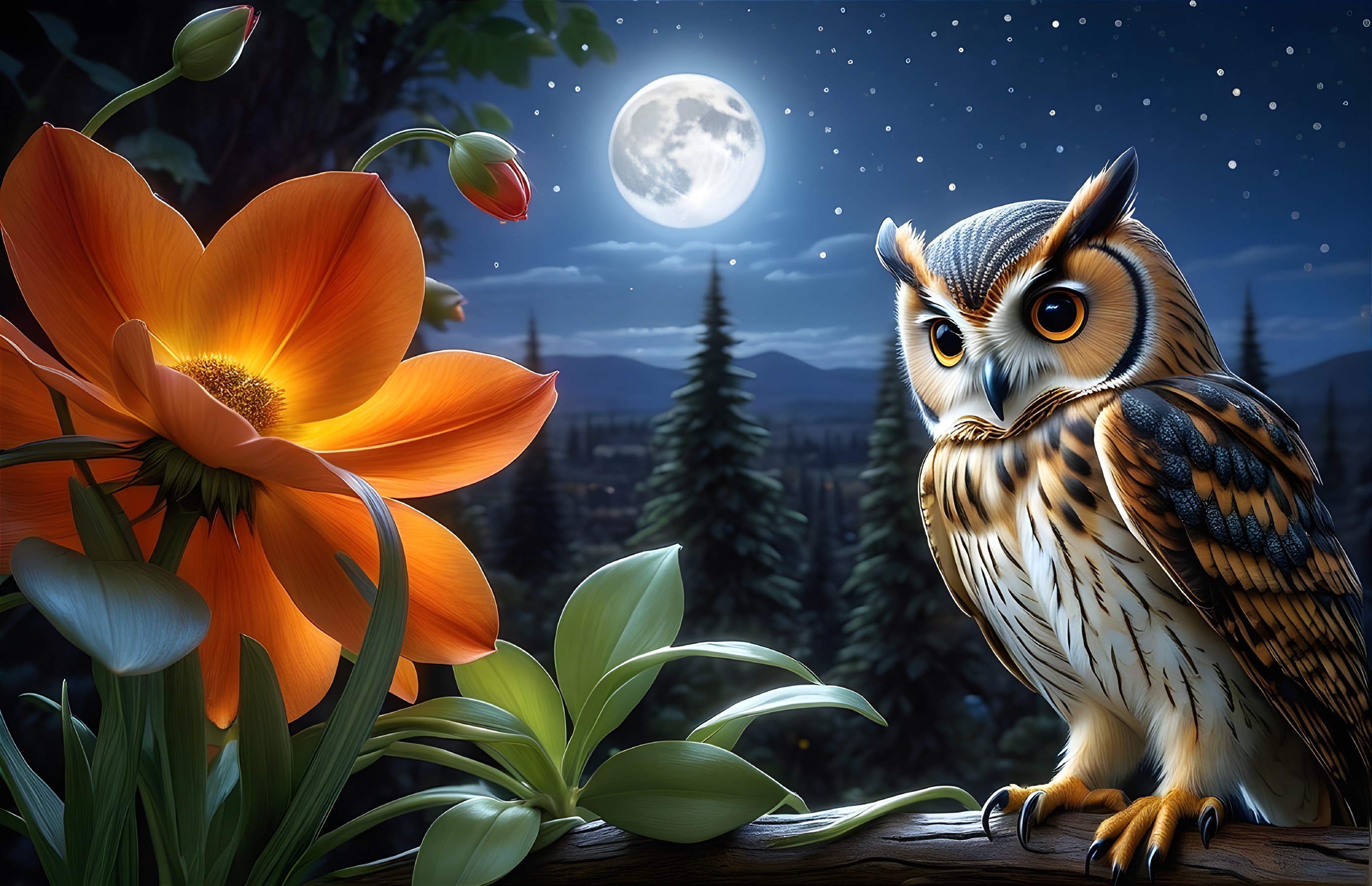 Majestic owl in serene night scene with moonlight
