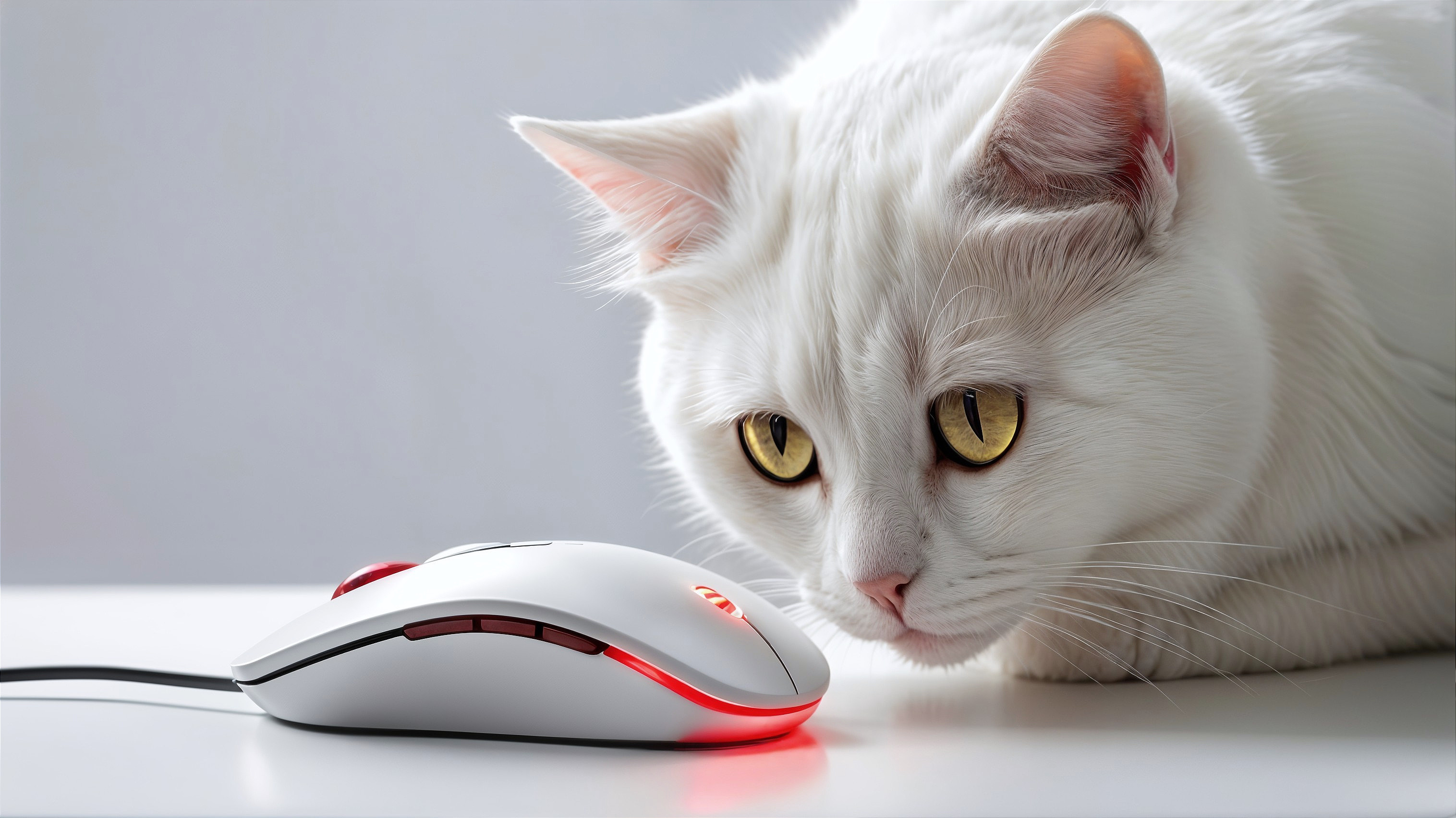Fluffy White Cat Observes Modern Gaming Mouse