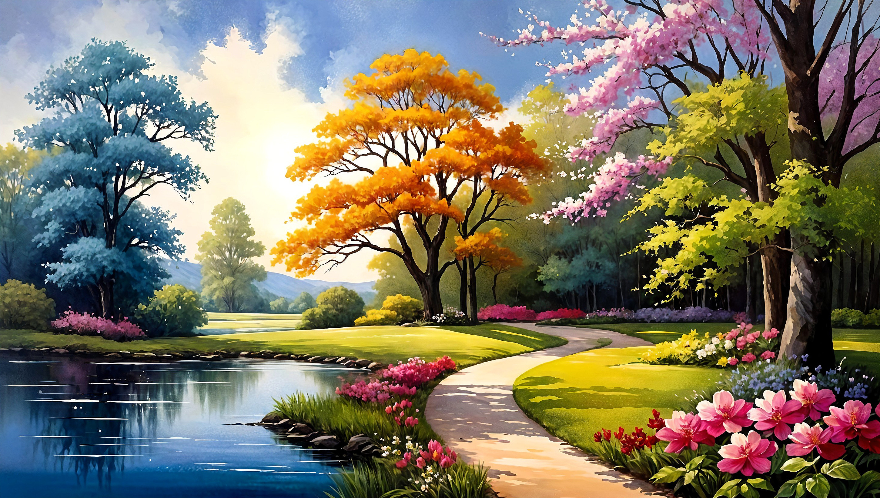 Tranquil Pond Surrounded by Vibrant Autumn Landscape