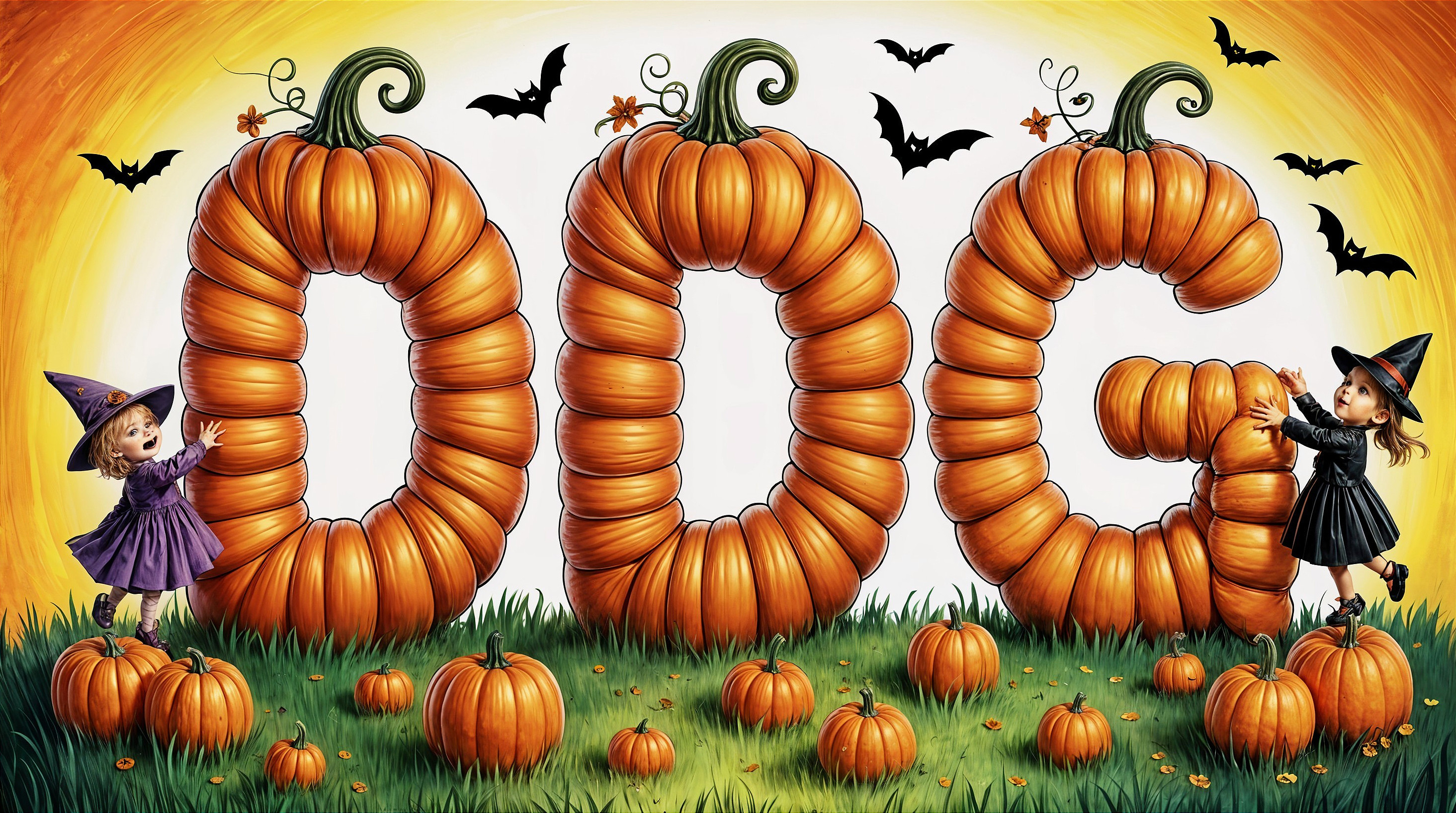 Children in Witch Costumes in Autumn Pumpkin Scene