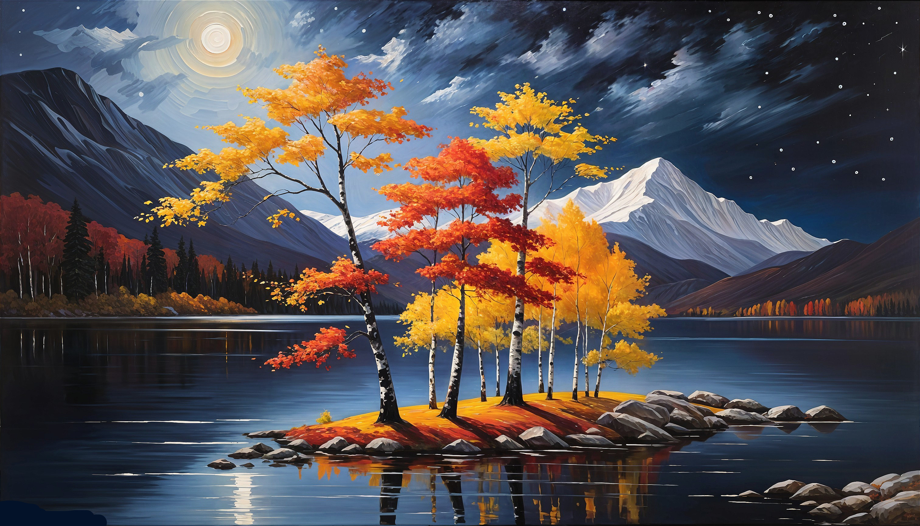 Tranquil Lake with Autumn Trees and Snow-Capped Mountains