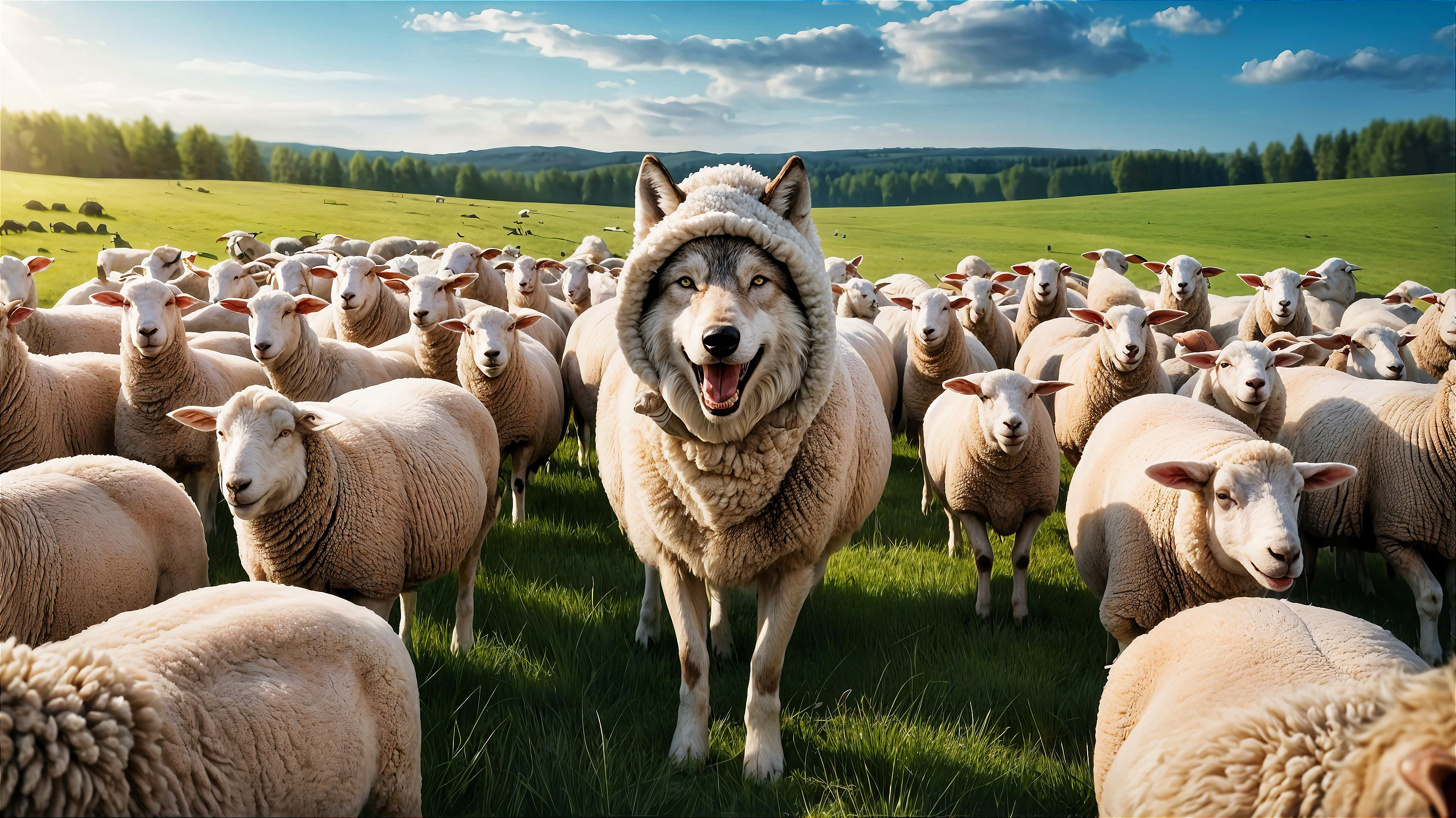 Wolf in Sheep's Wool Coat in Pasture Setting