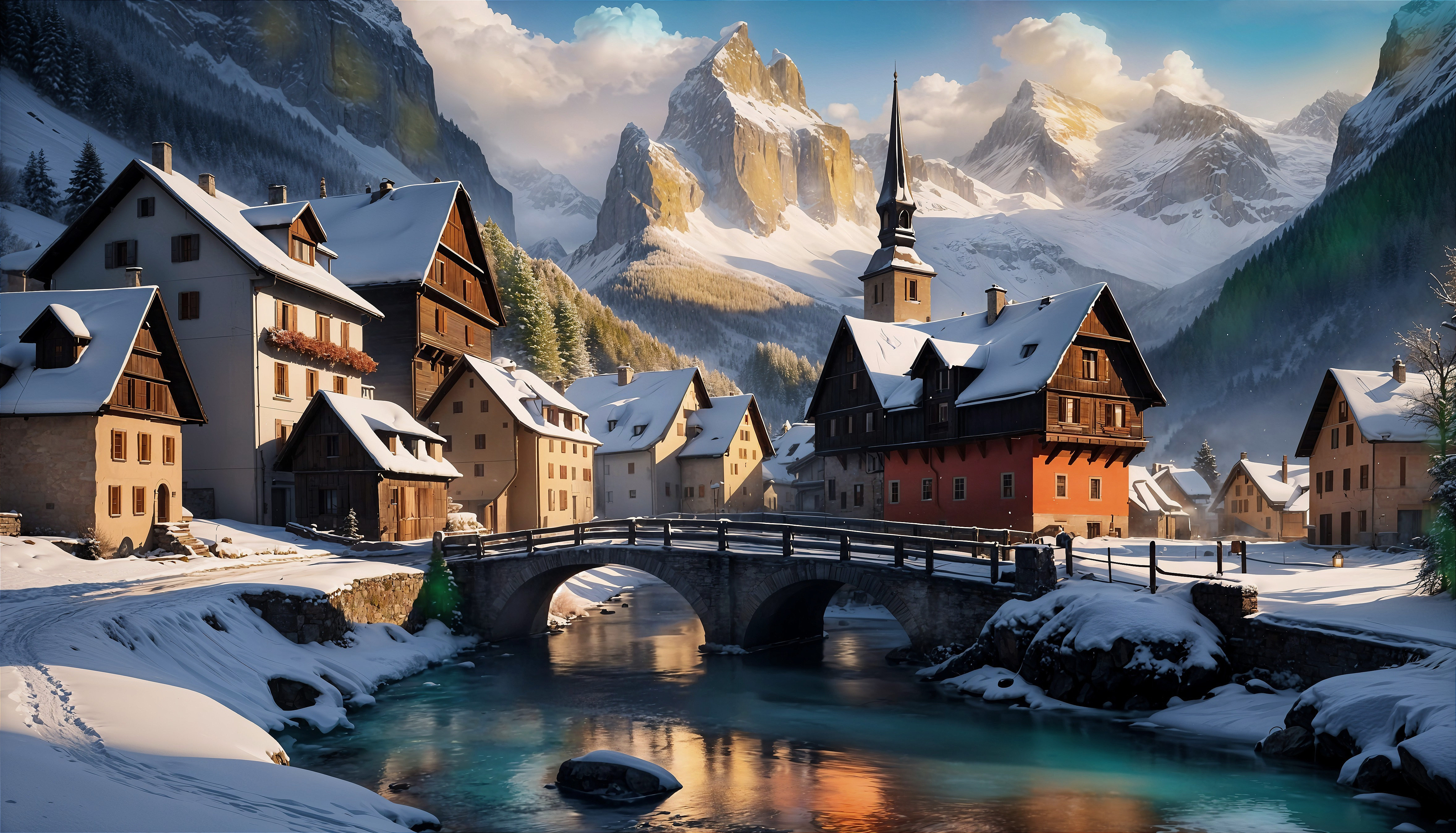 Snow-Covered Houses in a Winter Valley Landscape