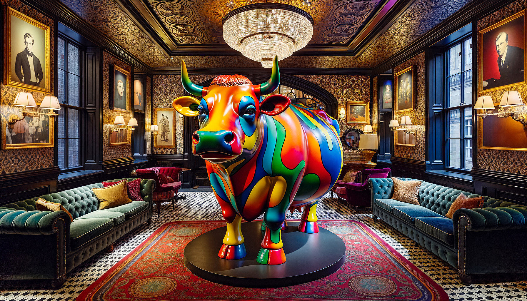 Multicolored bull statue in opulent room with portraits and elegant furniture