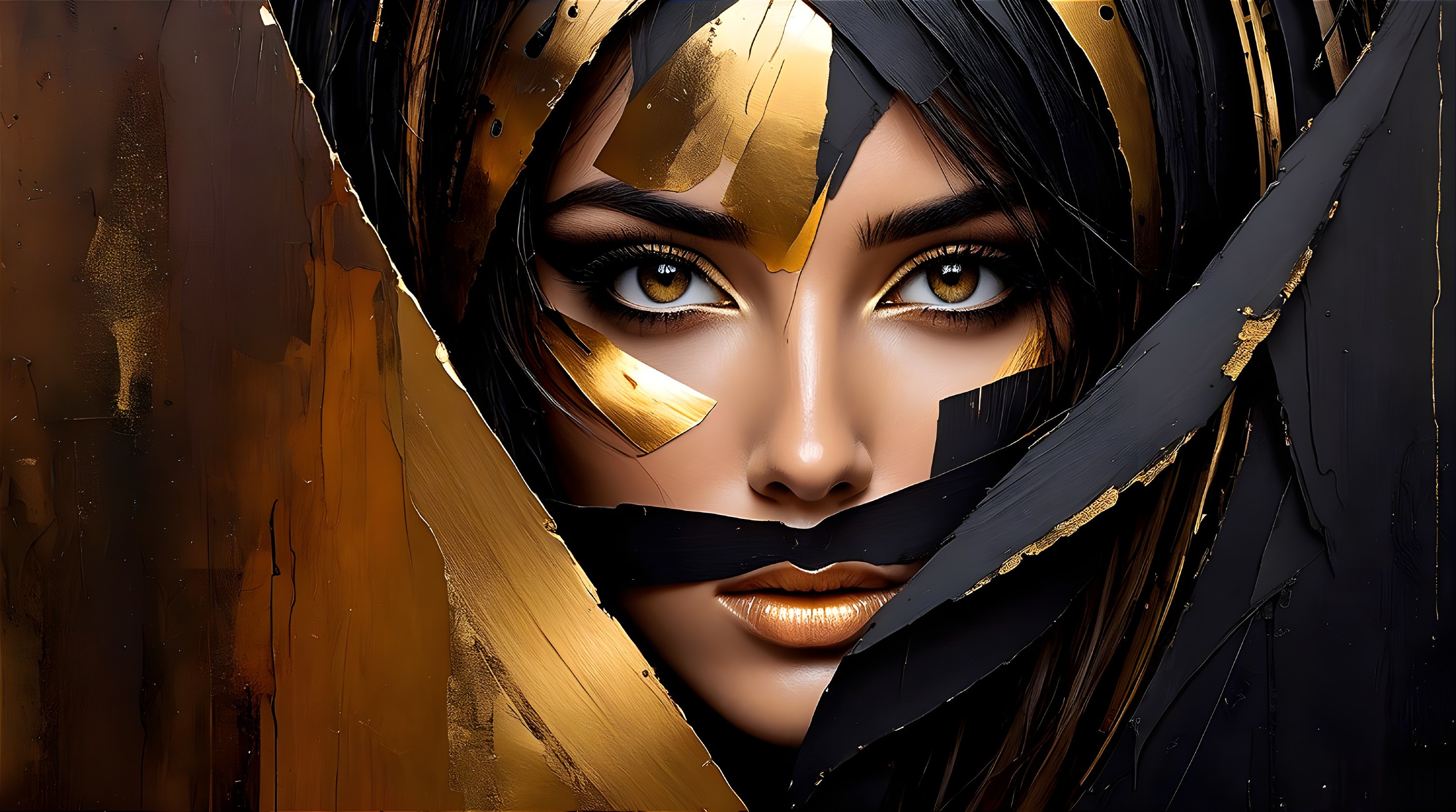 Portrait of a Woman with Abstract Black and Gold Accents