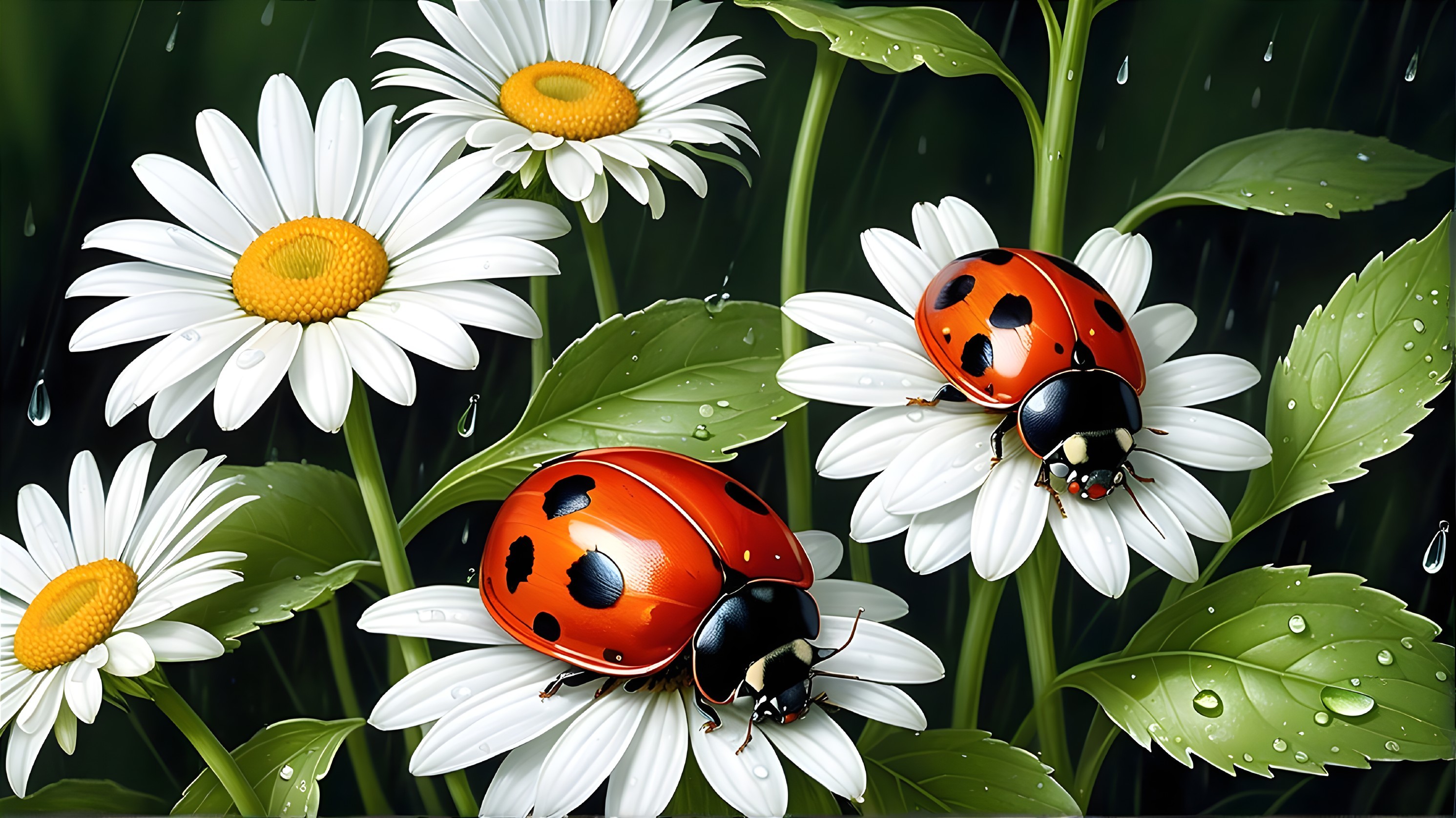 Ladybugs on Daisies in a Serene Garden Setting