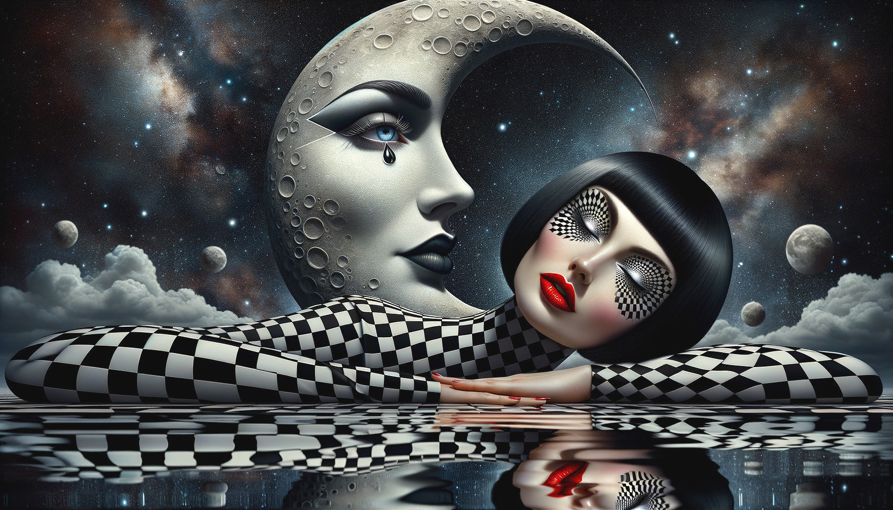 Surreal Scene with Stylized Figure and Crescent Moon