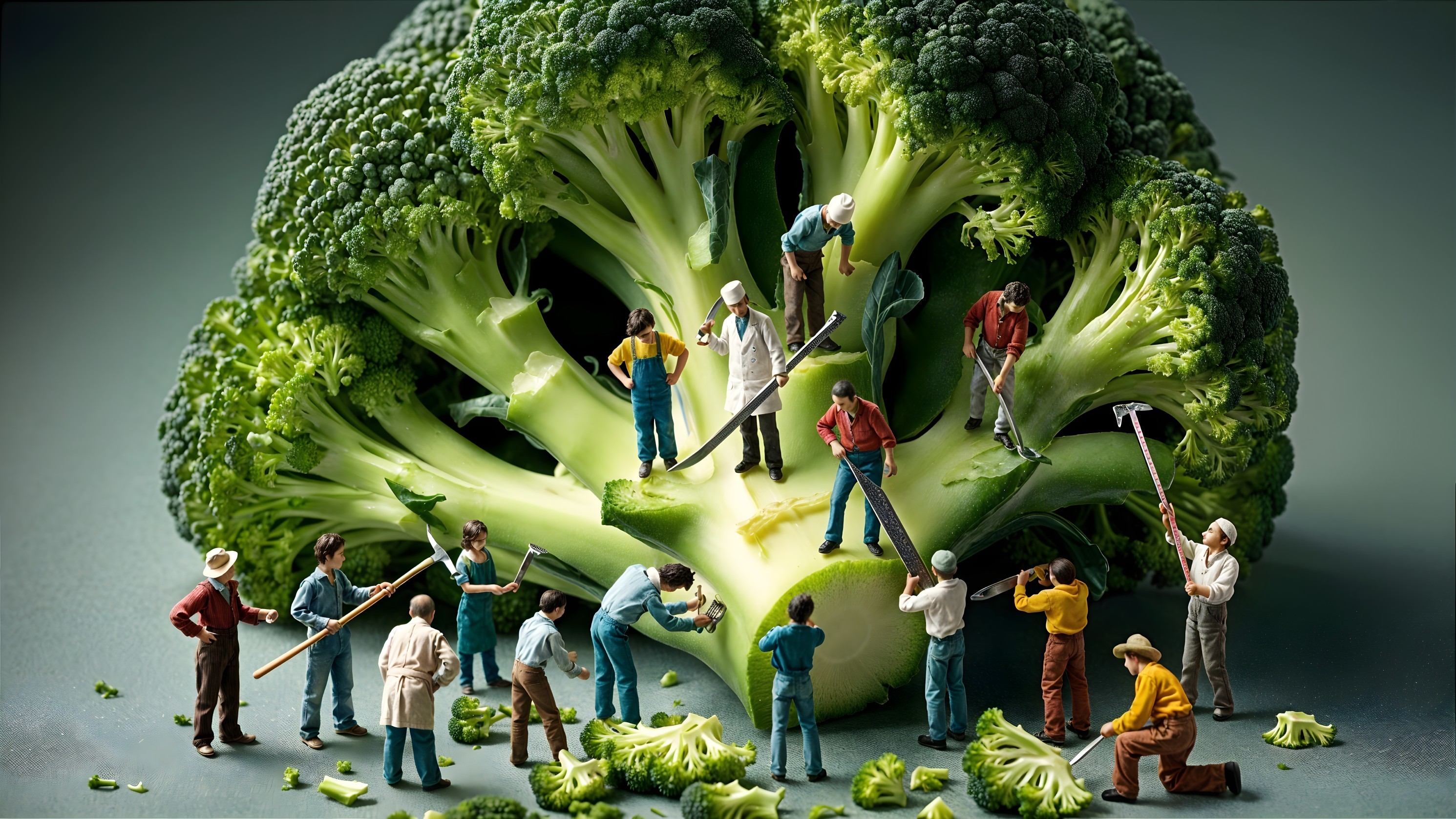 Broccoli with Miniature Farmers in Humorous Scene