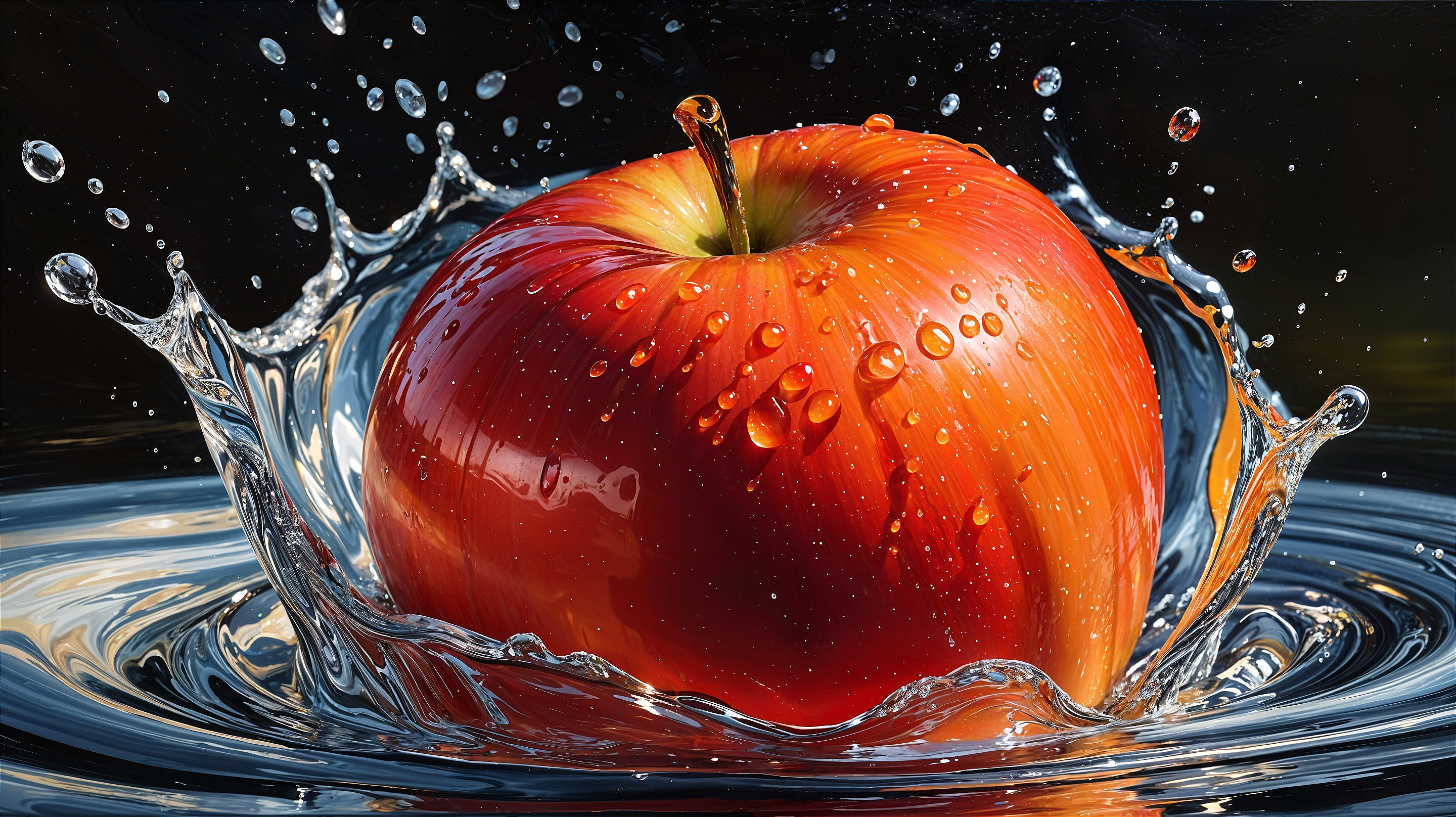 Red Apple Splashes into Clear Water with Droplets