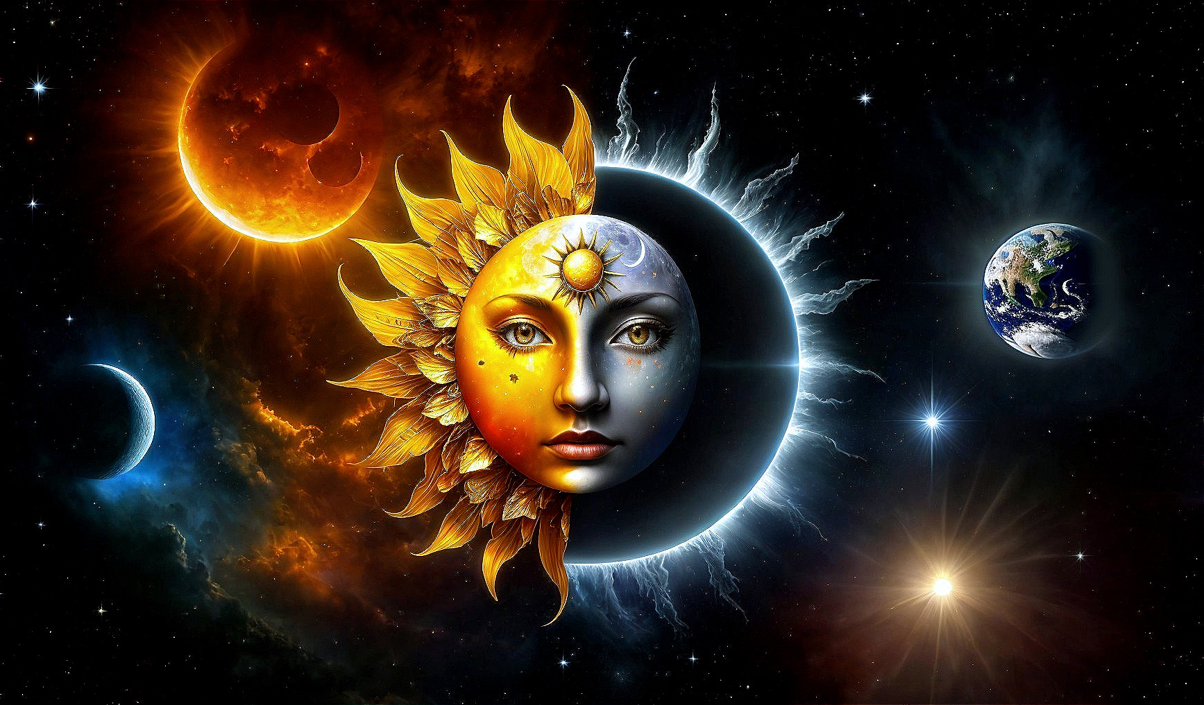 Celestial Scene of Sun and Moon with Cosmic Elements