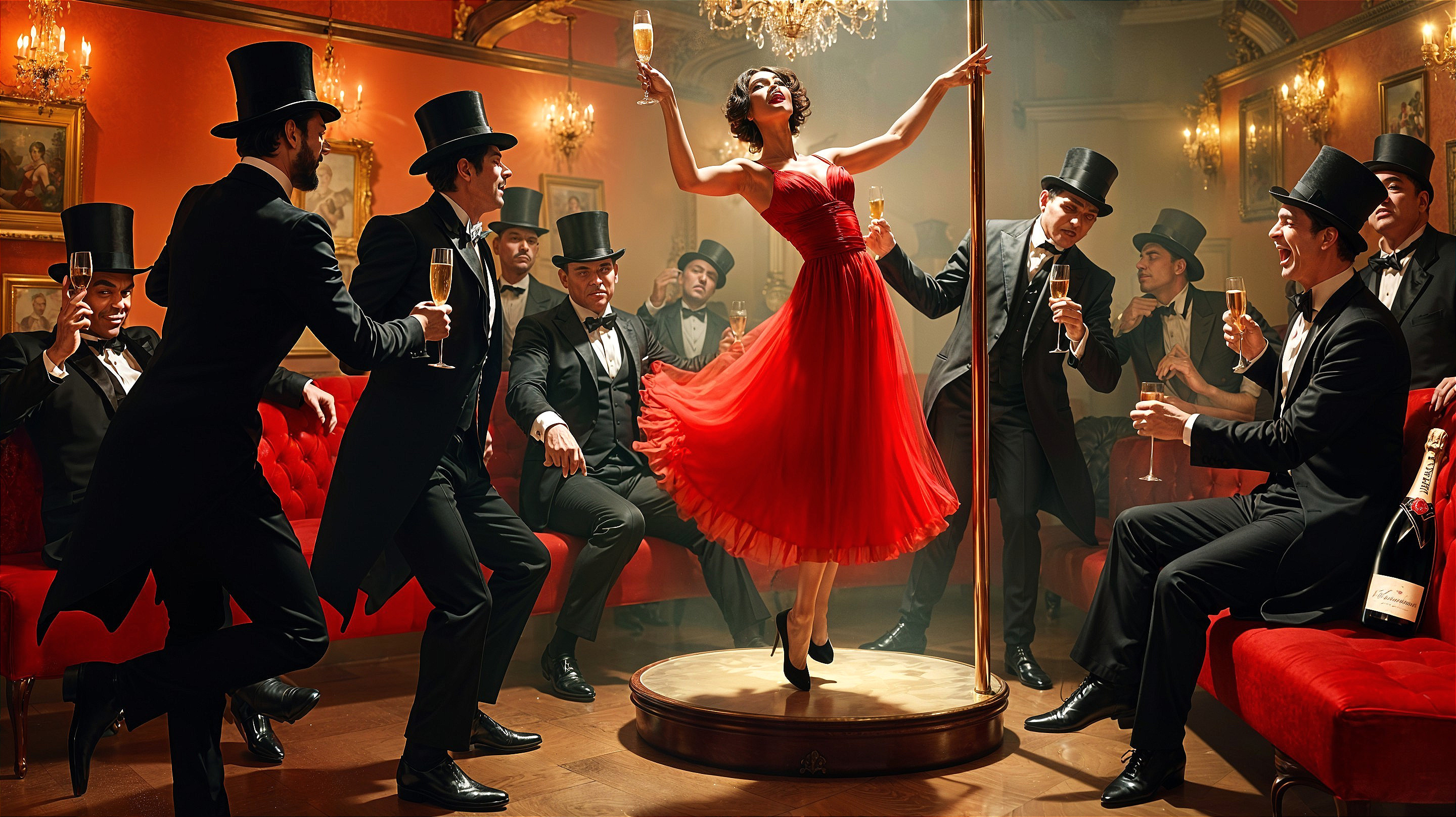 Glamorous Cabaret Scene with Dancer and Tuxedoed Men